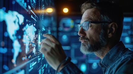 Bearded man with glasses analyzing global data on a futuristic digital interface, highlighting technology and innovation.