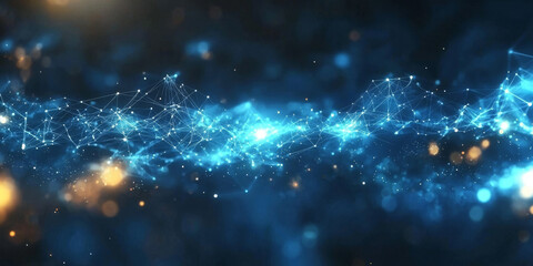 Fototapeta premium Abstract blue geometric shapes with glowing lines on a dark blue background, concept of digital technology