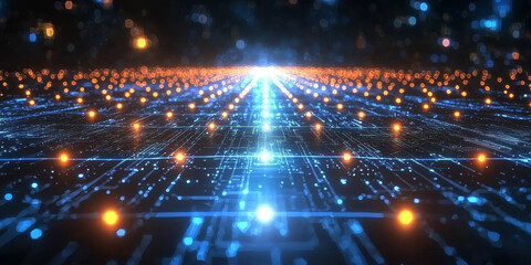 Obraz premium Abstract blue geometric shapes with glowing lines on a dark blue background, concept of digital technology