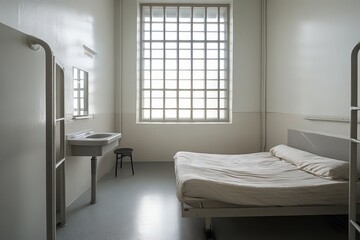 Modern prison cell with large window and basic amenities