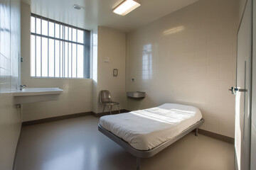 Minimalist prison cell with bed, sink, and window