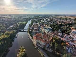 Podebrady historical city and Castle at Labe river,Chateau Poděbrady (Zámek Poděbrady) Czech Republic, scenic aerial landscape panorama view	
