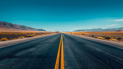 A long, empty road with a clear blue sky above