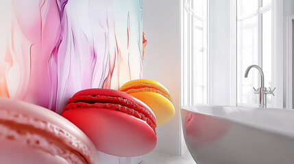 Colorful macarons, stylish bathroom, vibrant mural, sunny interior, modern design, confectionery decor, sweet ambiance concept