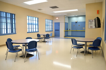 Spacious prison common area with round tables and blue chairs