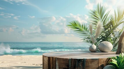 Obraz premium Summer Product Display on Wooden Podium at Sea Tropical Beach AI Generated
