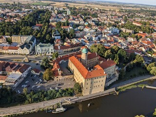 Podebrady historical city and Castle at Labe river,Chateau Poděbrady (Zámek Poděbrady) Czech Republic, scenic aerial landscape panorama view	
