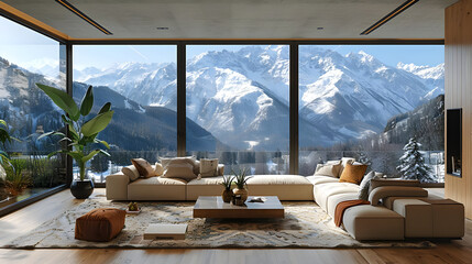 Modern Living Room with Mountain View Illustration