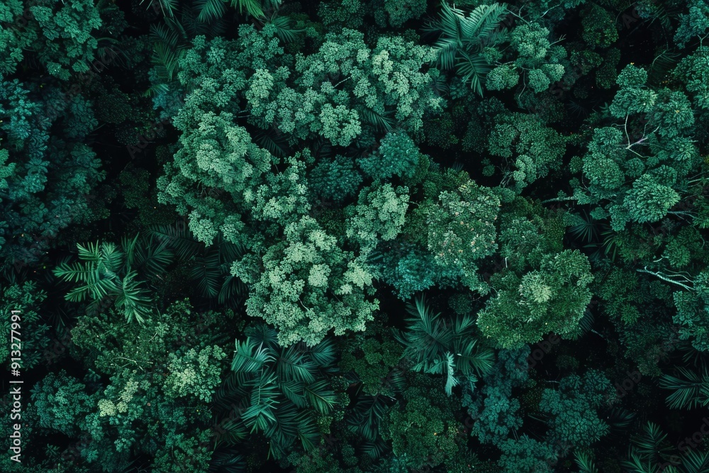 Poster aerial image of a dense and vibrant forest with lush green trees and foliage