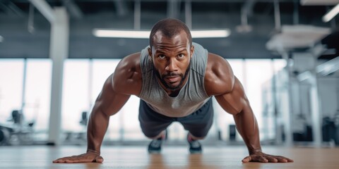 A bodybuilder doing push ups at the gym