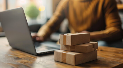 Person sits at a table using a laptop with stacked packages, representing online shopping and e-commerce.
