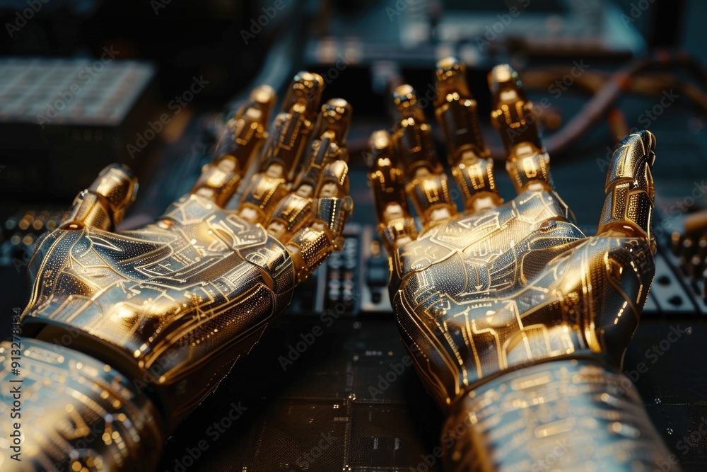 Aufkleber Close-up view of two golden hands typing on a computer keyboard
