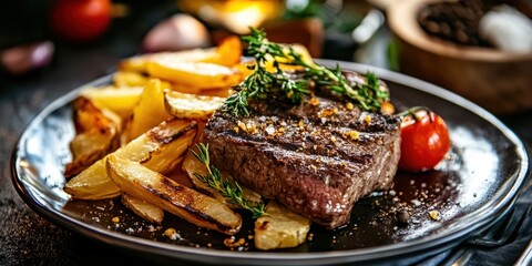 Plate of grilled beef and chips
