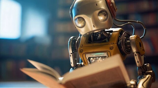 Ai robot reading book in library