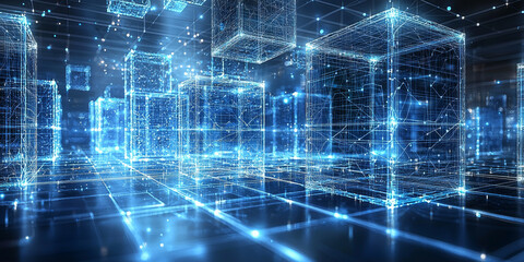 Fototapeta premium Abstract blue geometric shapes with glowing lines on a dark blue background, concept of digital technology