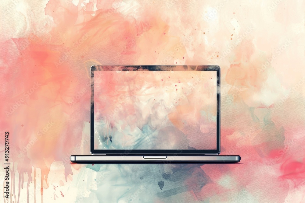Poster a laptop computer sitting on a table, ready for use
