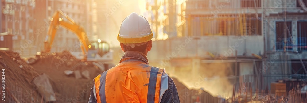 Wall mural construction worker, construction site background