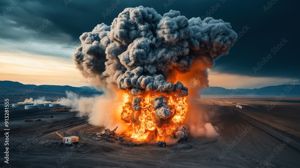 Poster Massive explosion with fire and billowing smoke in a desert area, industrial tanks burning in the background, creating a dramatic scene.