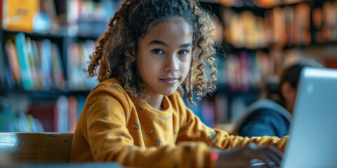 Young girl concentrating on her studies using a laptop in a library, surrounded by books and warm lighting.