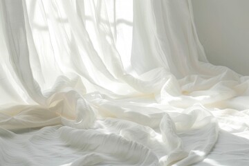 Obraz premium A bedroom interior with a bed, white sheets, and white curtains