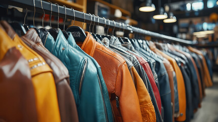 A row of colorful leather jackets hanging on a rack in a fashion store, with a blurred background.