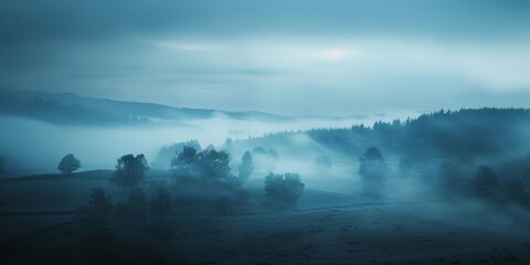 Fototapeta premium Enigmatic landscapes shrouded in fog or mist, with ethereal lighting and soft