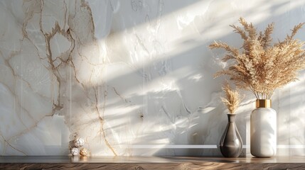 Sunlit Dried Flowers in Vases on Marble Surface