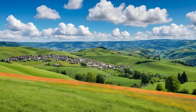 landscape with rolling hills and blue sky, generative ai