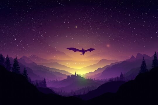 Dragon Silhouette Flying Over Mountains at Sunset