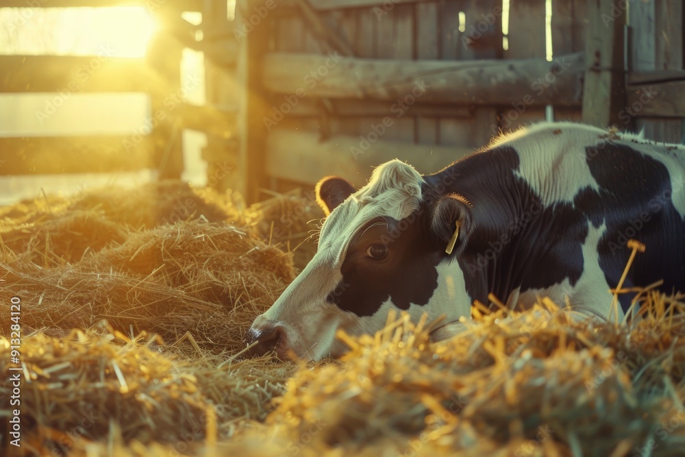 Wall mural A cow lying down in a field of hay, photographed in black and white