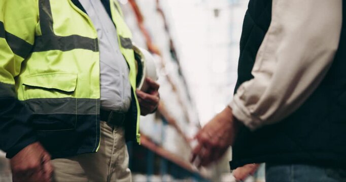 Business people, team and handshake with greeting at warehouse for discussion or deal in logistics. Closeup of employees or colleagues shaking hands for storage, supply chain or distribution at depot
