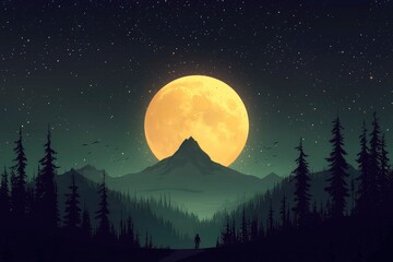 Naklejka premium Full Moon Over Silhouetted Mountains