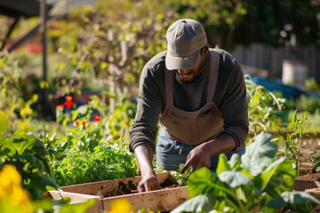 Gardener Tending to Fresh Vegetables in a Community Garden During a Sunny Afternoon