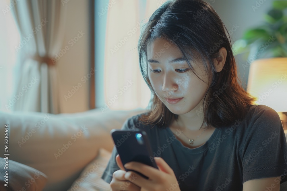 Poster a person sitting on a couch looking at their cell phone, possibly checking messages or browsing the 