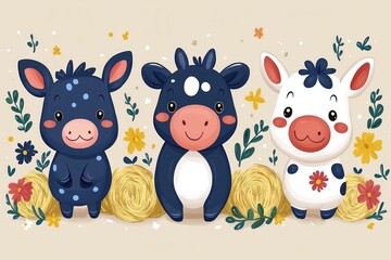 Naklejka premium Three Cute Cartoon Cows in a Meadow