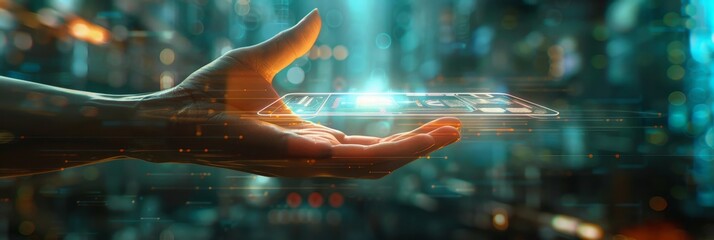 A hand is pointing at a screen with a blue background. Concept of technology and innovation, as the hand is interacting with the digital display