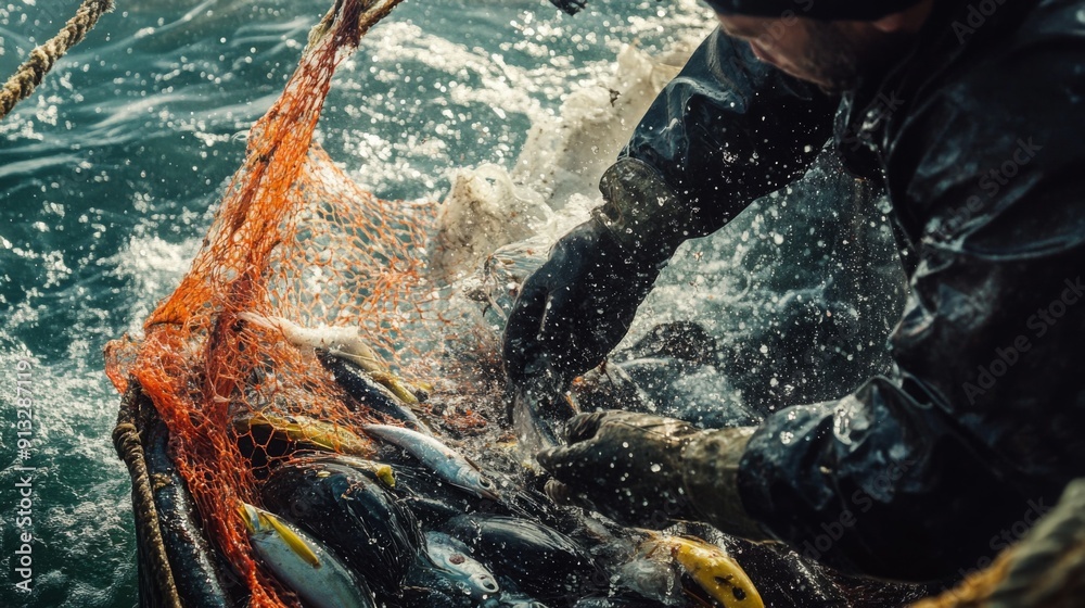 Poster a fisherman pulls a net filled with fish from the water, droplets splashing around him as morning li