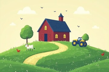 Naklejka premium Idyllic Farm Scene with Red Barn, Tractor, and Animals