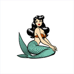 pinup girl of mermaid sirene cute hand-drawing vector	
