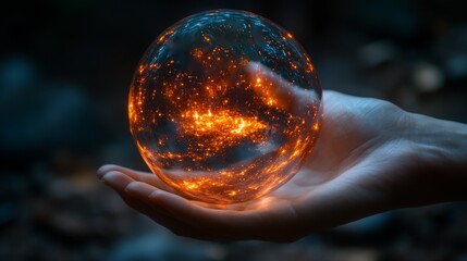 A hand holding a glowing orange energy sphere, emitting light and sparkles, creating a magical and mystical atmosphere