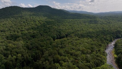 Fototapeta premium Beautiful green mountain range with gentle creeks in valley under blue sky with clouds in summer Adirondack Mountains New York State West Canada Creek Historic Confluence