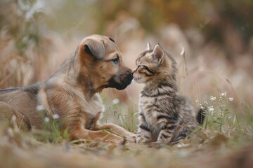 Obraz premium A dog and kitten sitting together in a green grassy area