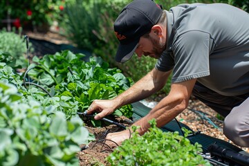 Gardener Tending to Lush Vegetable Bed in Bright Afternoon Sunshine