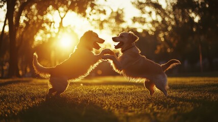 Dogs playing together in a park in the sun