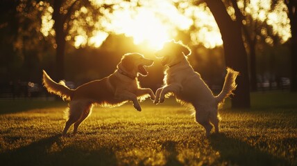 Dogs playing together in a park in the sun