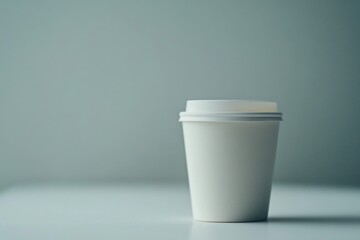 Single White Disposable Coffee Cup On A Table Against A Grey Background