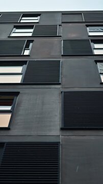 Low angle view of the Robert Jacobsen Kollegiet student dormitory in Copenhagen, Denmark. Vertical