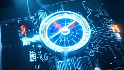 A blue and red compass is displayed on a black background. The compass is surrounded by a blue and white grid - Powered by Adobe