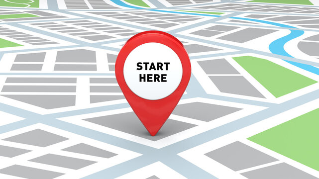 Start Here Location with red pin icon and city map overview, 3D Illustration	
