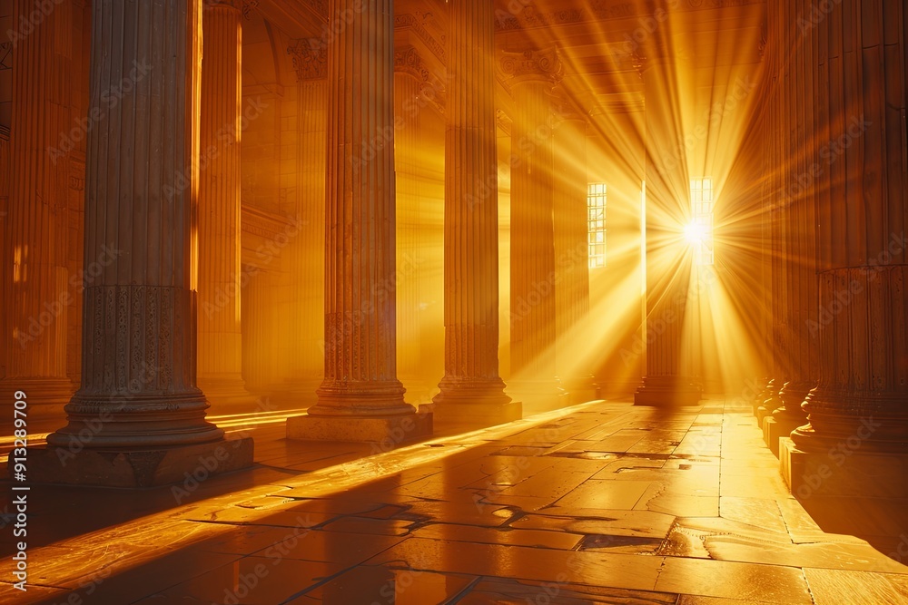 Poster sunlight filters through columns, creating a warm glow in a historic setting. generative ai